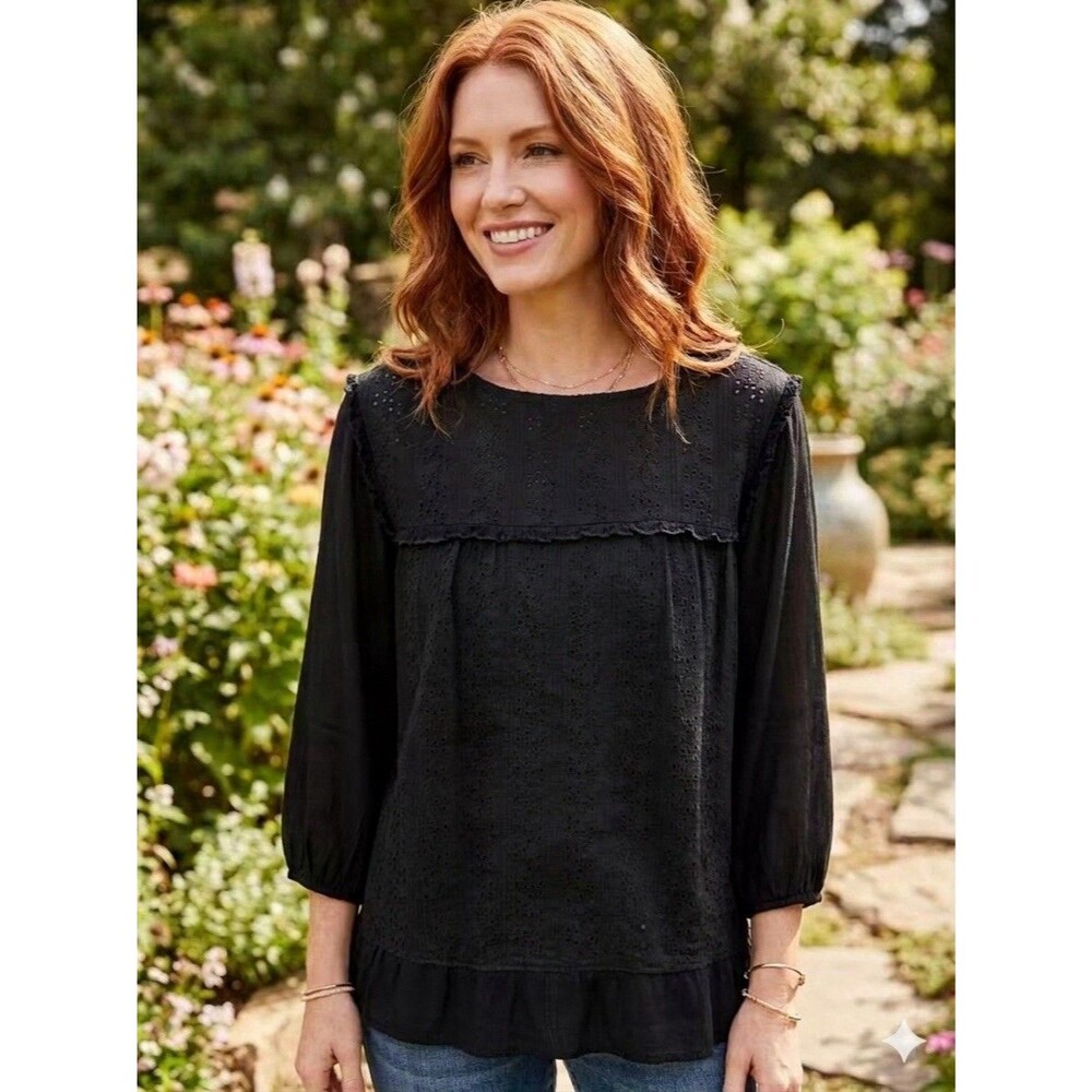 Knox Rose Women’s L 3/4 Slv Black Top Eyelet Embroidery Romantic Cotton Peasant